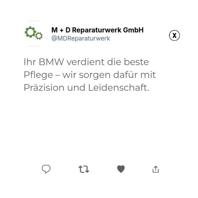 Ihr BMW ist mehr als nur ein Auto. �

Bei uns bekommt er die Aufmerksamkeit, die er verdient – mit Fachwissen und modernster Technik. 

🔧 Inspektion
🔧 Reparatur
🔧 Garantienerhalt

Ihre Freude am Fahren ist unser Antrieb. 🚗💨

Fragen? Einfach anrufen oder vorbeikommen.

#BMW #KFZService #Autoreparatur #München