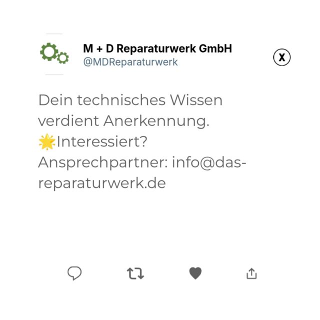 Dein Herz schlägt elektrisch? 💡

Wir suchen einen Mechatroniker (m/w/d) mit Leidenschaft für innovative Technologien und E-Mobilität. In unserem Team in Bad Vilbel bekommst Du eine Umgebung, in der Dein technisches Know-how geschätzt wird.

Bewirb Dich jetzt: info@das-reparaturwerk.de oder ruf an unter +4961019891878.

#Stellenangebot #Mechatroniker #BadVilbel