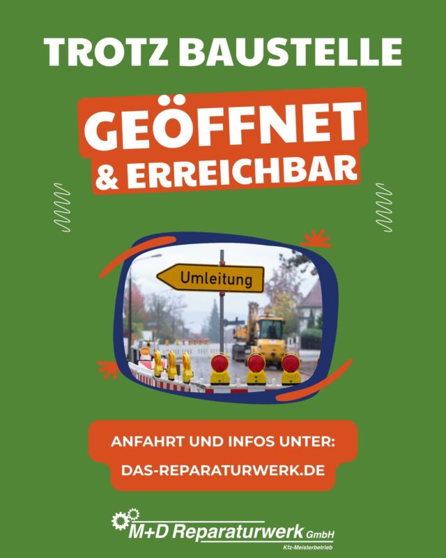 🚧 Wichtige Informationen zur Anfahrt! 🚧

Aufgrund der aktuellen Baustelle auf der Frankfurter Straße kann es zu Umleitungen und Änderungen in unserem Anfahrtsweg kommen. Wir sind jedoch weiterhin für Sie erreichbar!

🔹 Anfahrt von Frankfurt: Regulär und unbeeinträchtigt über die B521.
🔹 Anfahrt von Bad Vilbel: Über den Lidl Kreisel (Alte Frankfurter Str. / Feuerwehrstation / Umleitung).

Bitte beachten: Wenn Sie die Route in Google oder Apple Maps eingeben, könnte die Baustelle falsch angezeigt werden. Um die aktuellsten Anfahrtswege zu erfahren, rufen Sie uns gerne an!

🌐 Weitere Informationen: Alle Details, inklusive #Baustelle #Anfahrt #BadVilbel #Frankfurt #MDReparaturwerk Anfahrtskarte, finden Sie auf unserer Webseite: https://das-reparaturwerk.de/

📞 Kontakt:
Tel.: 06101 989 1878
Web: das-reparaturwerk.de

Wir freuen uns auf Ihren Besuch und stehen Ihnen bei Fragen jederzeit zur Verfügung! 😊

#Baustelle #Anfahrt #BadVilbel #Frankfurt #MDReparaturwerk